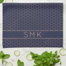 Girly Rose Gold Foil Navy Blue Geometric Monogram