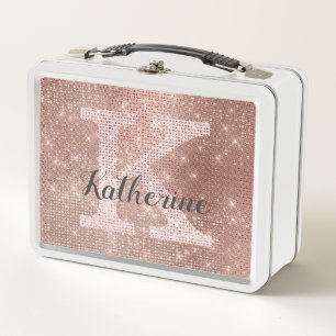 Girly Rose Gold Fun Glitter Sparkle Monogram Name  Metal Lunch Box