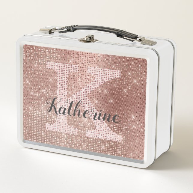 Girly Rose Gold Fun Glitter Sparkle Monogram Name  Metal Lunch Box (Front)