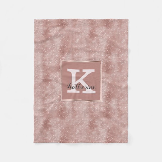 Girly Rose Gold Glam Diamond Sparkle Monogram Name Fleece Blanket (Front)