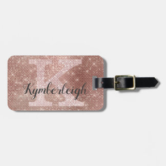 Girly Rose Gold Glam Diamond Sparkle Monogram Name Luggage Tag