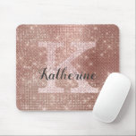 Girly Rose Gold Glam Diamond Sparkle Monogram Name Mouse Pad<br><div class="desc">This trendy and unique glam girly design features a large customisable monogram in pale blush rose gold pink in the centre in popular serif typography along with a customisable name in popular script with a hand-lettered look in dark grey. The background includes brushed rose gold metal and glimmering rose gold...</div>