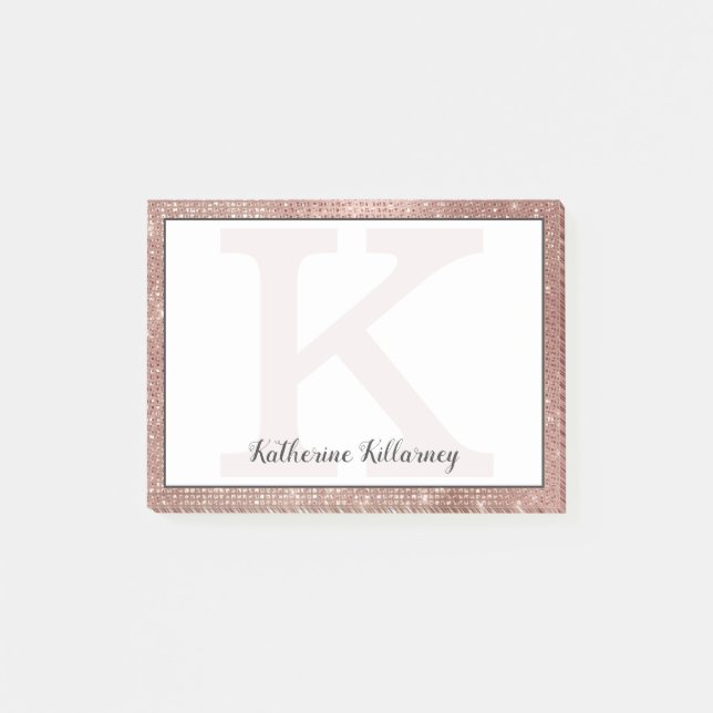 Girly Rose Gold Glam Diamond Sparkle Monogram Name Post-it Notes (Front)
