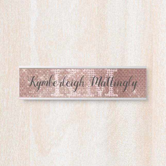 Girly Rose Gold Glam Glitter Sparkle Monogram Name Door Sign (Front)
