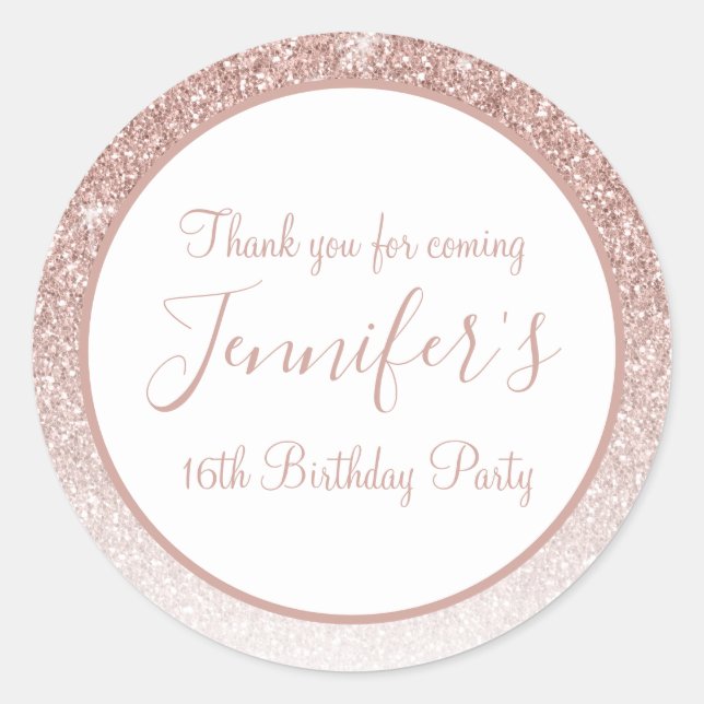 Girly Rose Gold Glitter 16th Birthday Thank You Classic Round Sticker (Front)