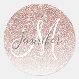 Girly Rose Gold Glitter Blush Monogram Name Classic Round Sticker