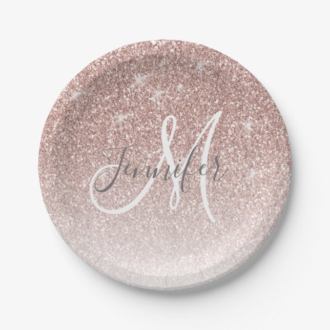 Girly Rose Gold Glitter Blush Monogram Name Paper Plate (Front)
