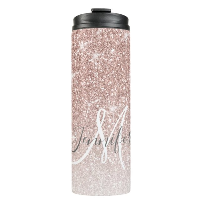 Girly Rose Gold Glitter Blush Monogram Name Thermal Tumbler (Creator Uploaded)
