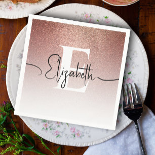 Girly Rose Gold Glitter Blush Monogram Script Name Napkin