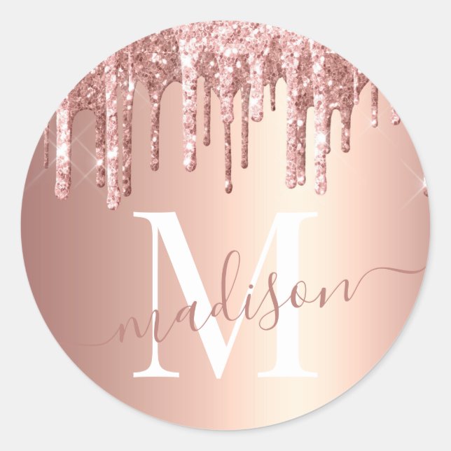 Girly Rose Gold Glitter Drip Foil Monogram Classic Round Sticker (Front)