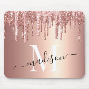 Girly Rose Gold Glitter Drip Foil Monogram Mouse Pad
