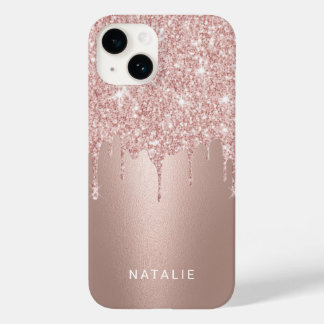 Girly Rose Gold Glitter Drips Custom Name Case-Mate iPhone 14 Case