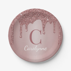 Girly Rose Gold Glitter Drips Monogram Birthday Paper Plate