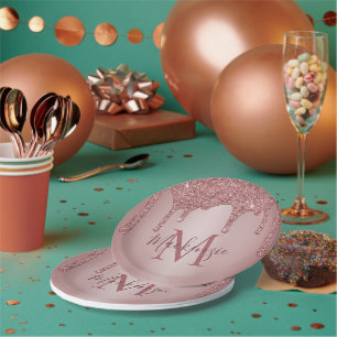 Girly Rose Gold Glitter Drips Monogram Birthday Paper Plate