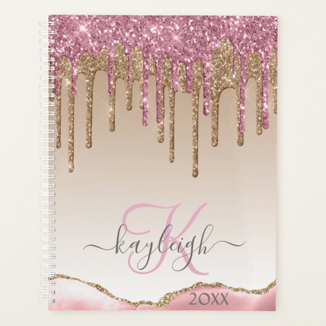 Girly Rose Gold Glitter Drips Ombre Monogram 2021 Planner (Front)