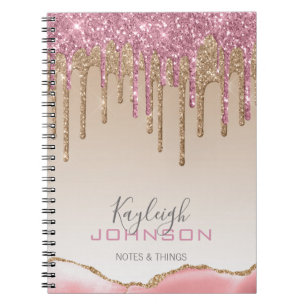 Girly Rose Gold Glitter Drips Ombre Monogram Notebook