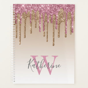 Girly Rose Gold Glitter Drips Ombre Monogram Planner
