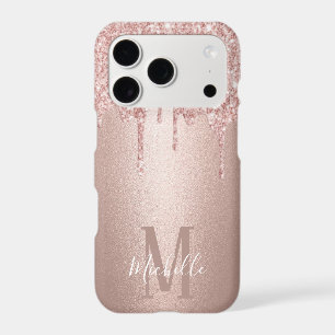 Girly Rose Gold Glitter Drips Script Name Monogram