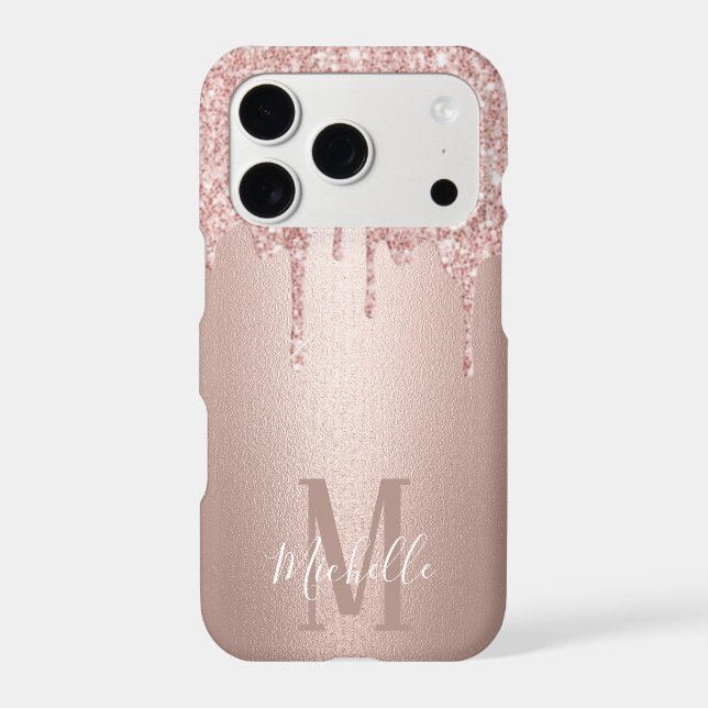 Girly Rose Gold Glitter Drips Script Name Monogram (Back)