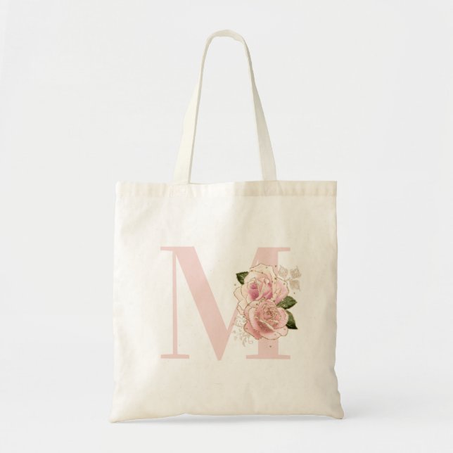Girly Rose Gold Glitter Floral Blush Monogram Tote Bag (Front)