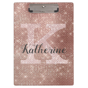 Girly Rose Gold Glitter Glam Sparkle Monogram Name Clipboard