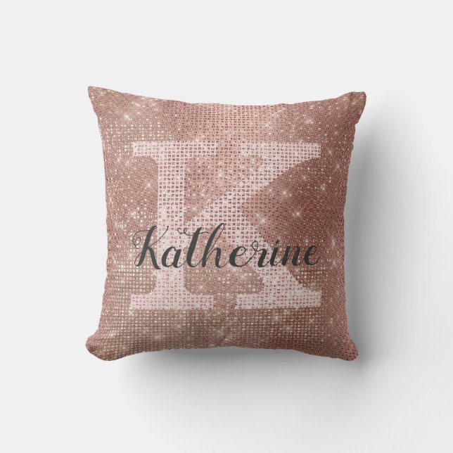 Girly Rose Gold Glitter Glam Sparkle Monogram Name Cushion (Front)