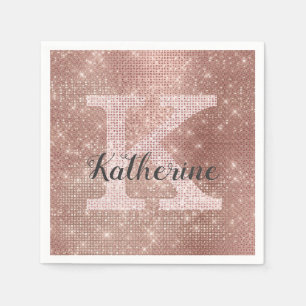Girly Rose Gold Glitter Glam Sparkle Monogram Name Napkin