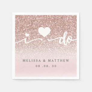 Girly Rose Gold Glitter I Do Names Date Wedding Napkin