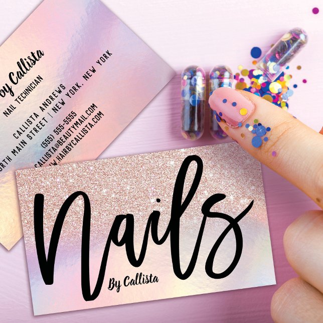 Girly Rose Gold Glitter Iridescent Nail Technician Business Card (Creator Uploaded)
