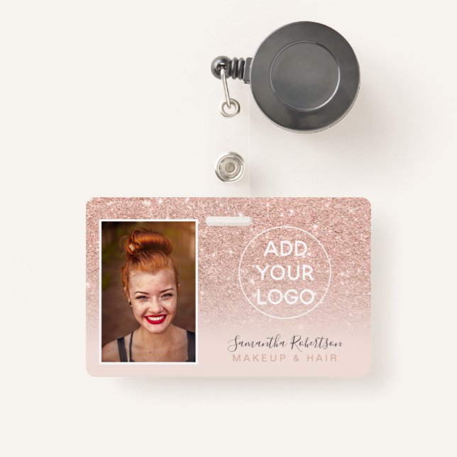 Girly rose gold glitter logo employee photo pass ID badge (Front with Retractable)