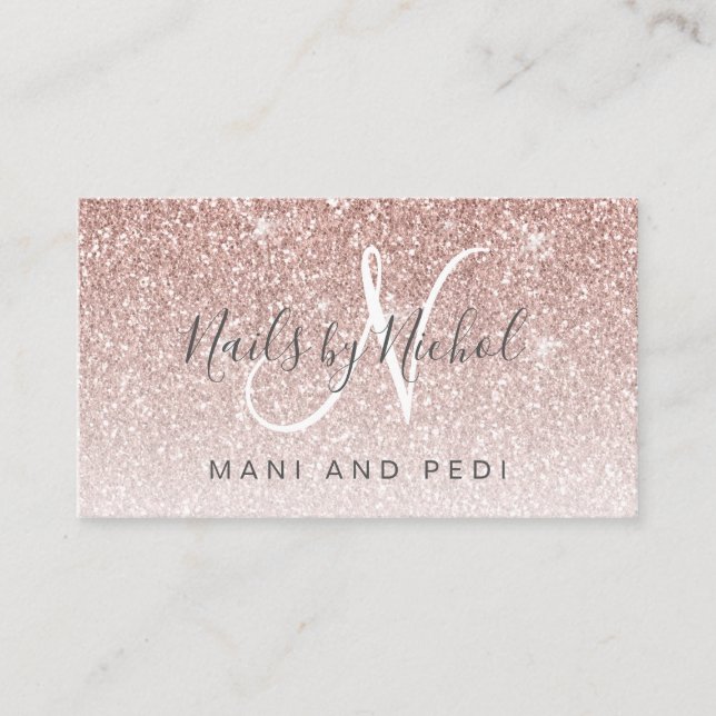 Girly Rose Gold Glitter Mani Pedi Nail Studio Business Card (Front)