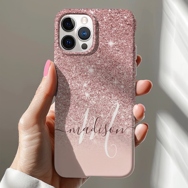 Girly Rose Gold Glitter Monogram Name Case-Mate iPhone Case (Creator Uploaded)