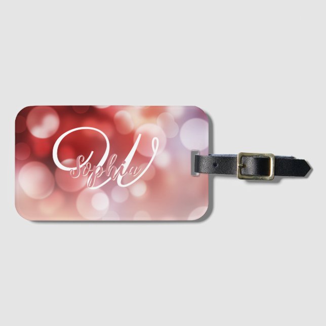 Girly Rose Gold Glitter Monogram Name Luggage Tag (Front Horizontal)