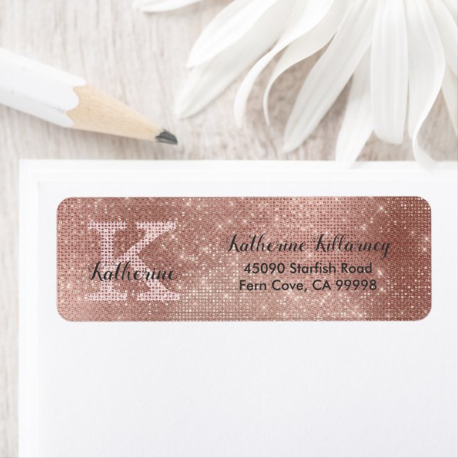 Girly Rose Gold Glitter Monogram Return Address (Insitu)