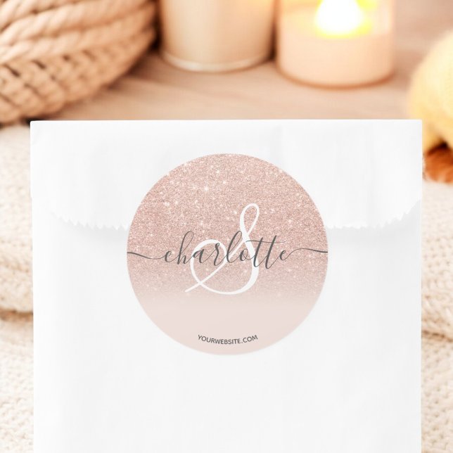 Girly rose gold glitter ombre blush name monogram classic round sticker (Girly rose gold glitter ombre blush name monogram classic round sticker)