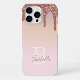 Girly Rose Gold Glitter, Pink and Monogram Name iPhone 16 Pro Max Case