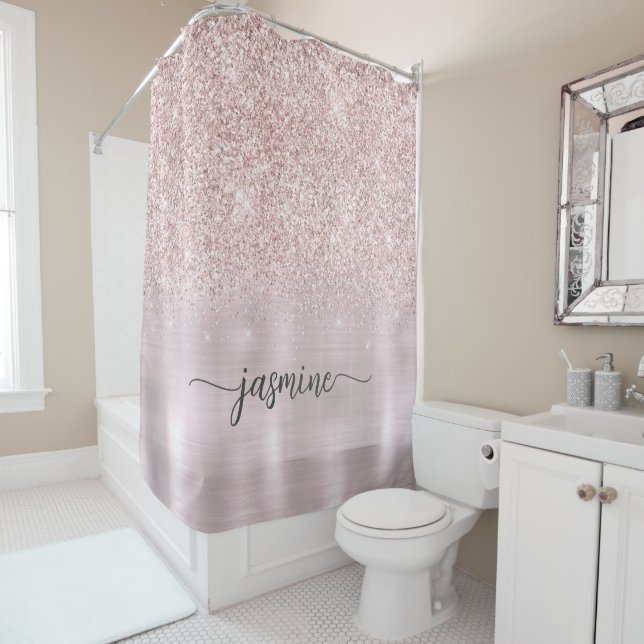 Girly Rose Gold Glitter Pink Metal Monogram Name Shower Curtain (In Situ)