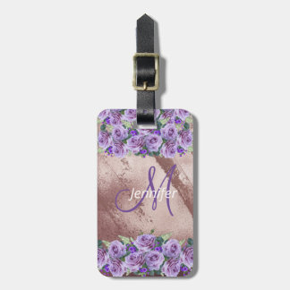 Girly Rose Gold Glitter Script Monogram Luggage Tag