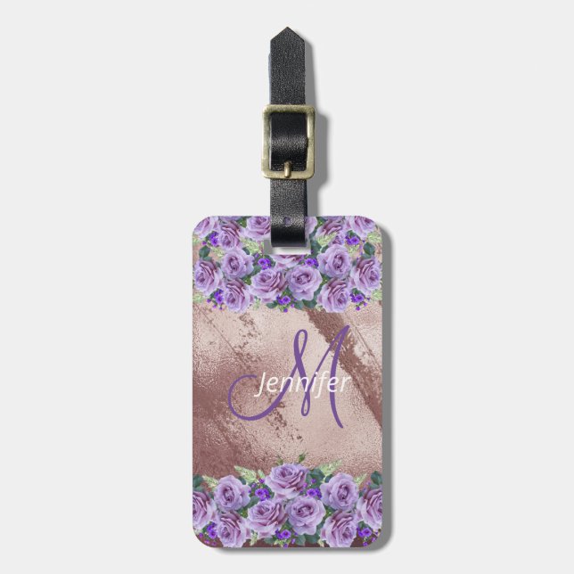 Girly Rose Gold Glitter Script Monogram  Luggage Tag (Front Vertical)