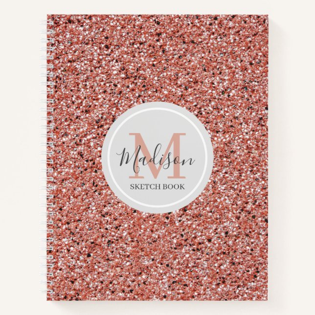 Girly Rose Gold Glitter Sketchbook Name Notebook (Front)