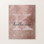 Girly Rose Gold Glitter Sparkle Chic Monogram Name Jigsaw Puzzle<br><div class="desc">This trendy and unique glam girly design features a large customizable monogram in pale rose gold blush pink in the center in popular serif typography along with a customizable name in popular script with a hand-lettered look in dark gray. The background includes brushed rose gold metal and glimmering diamonds for...</div>