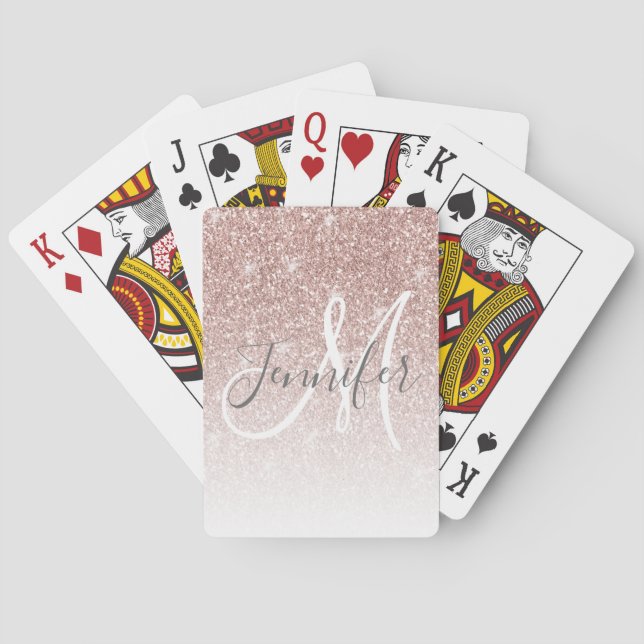 Girly Rose Gold Glitter Sparkle Monogram Name Playing Cards (Back)