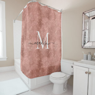 Girly Rose Gold Glitter Sparkle Monogram Script Shower Curtain