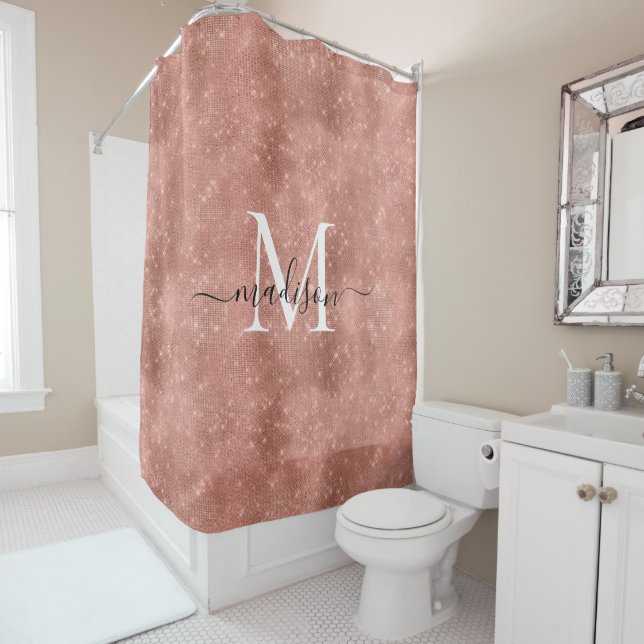 Girly Rose Gold Glitter Sparkle Monogram Script Shower Curtain (In Situ)