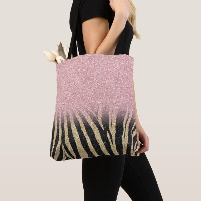 Girly Rose Gold Glitter Sparkles Black Zebra Print Tote Bag (Close Up)