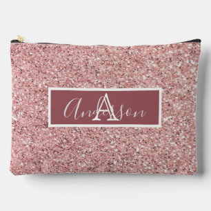 Girly Rose Gold Glitter Sparkles Monogram Name  Accessory Pouch