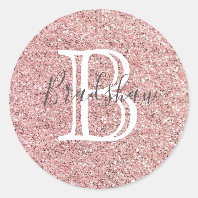 Girly Rose Gold Glitter Sparkles Monogram Name  Classic Round Sticker (Front)