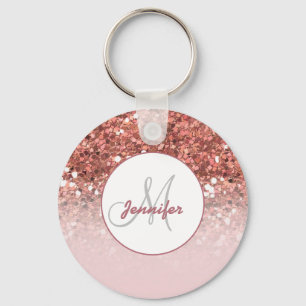 Girly Rose Gold Glitter Sparkles Monogram Name Key Ring