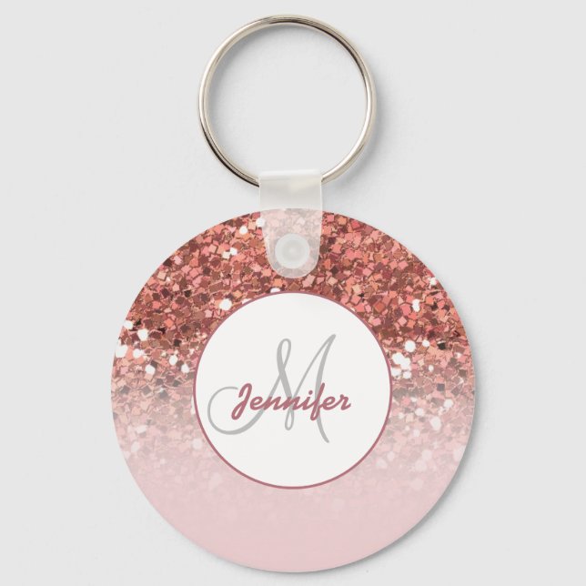 Girly Rose Gold Glitter Sparkles Monogram Name Key Ring (Front)