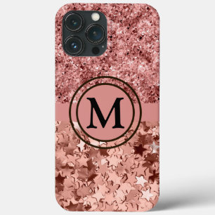 Girly Rose Gold Glitter Stars Monogram iPhone 13 Pro Max Case